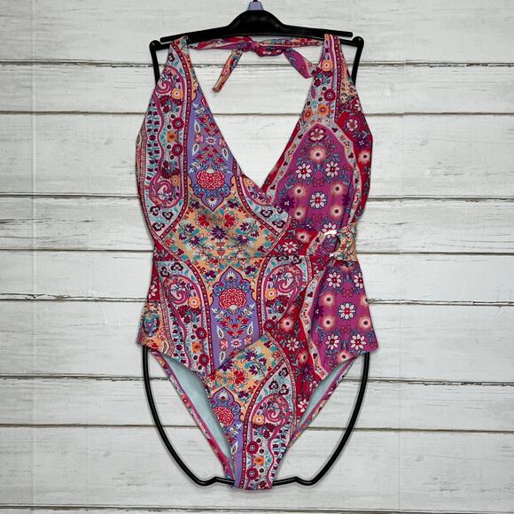 Nanette Lepore One Piece Swimsuit Floral Wrap Halter Size 12 - Picture 2 of 8